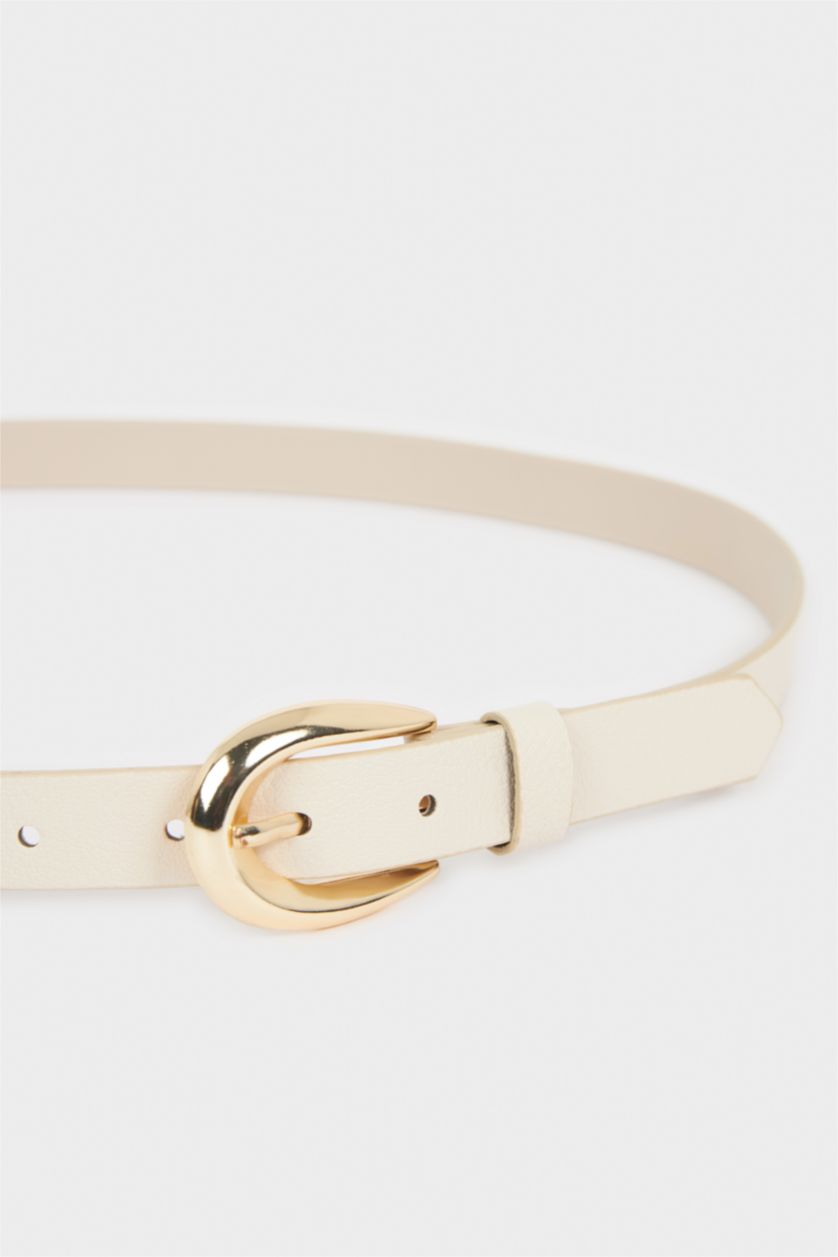 Kadın Bej Kadın Oval Toka Suni Deri Günlük Kemer