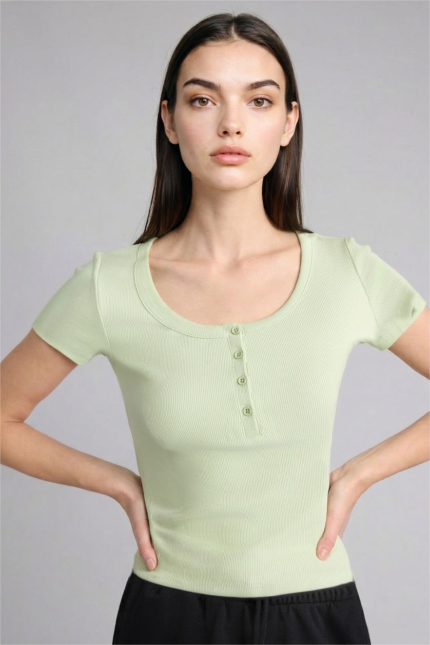 Kadın Mint Slim Fit Kısa kollu Kaşkorse Tişört