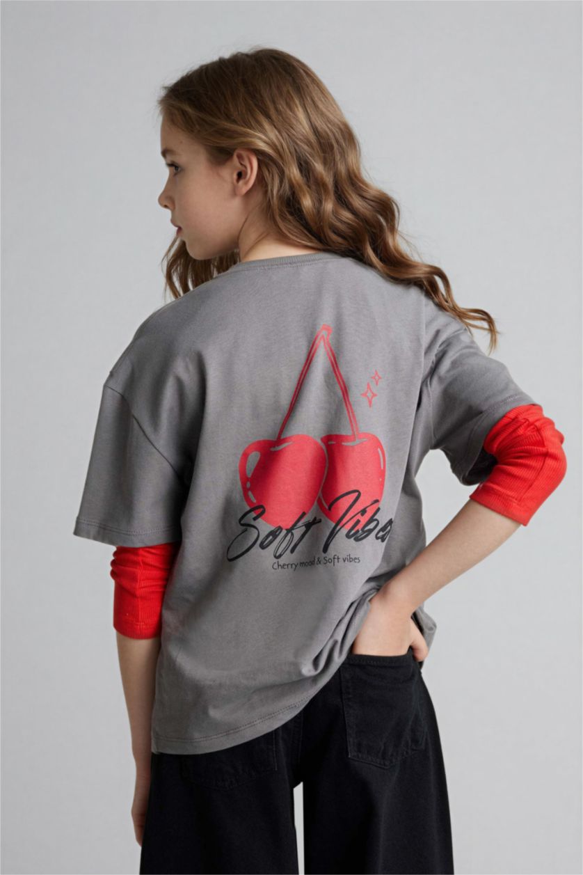 Kız Çocuk - Genç Kız Gri Meyve Baskılı Tişört Kız Çocuk