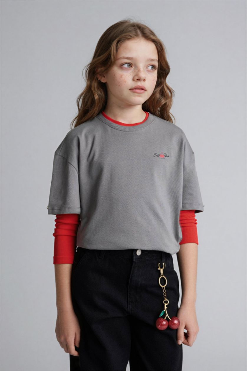 Kız Çocuk - Genç Kız Gri Meyve Baskılı Tişört Kız Çocuk