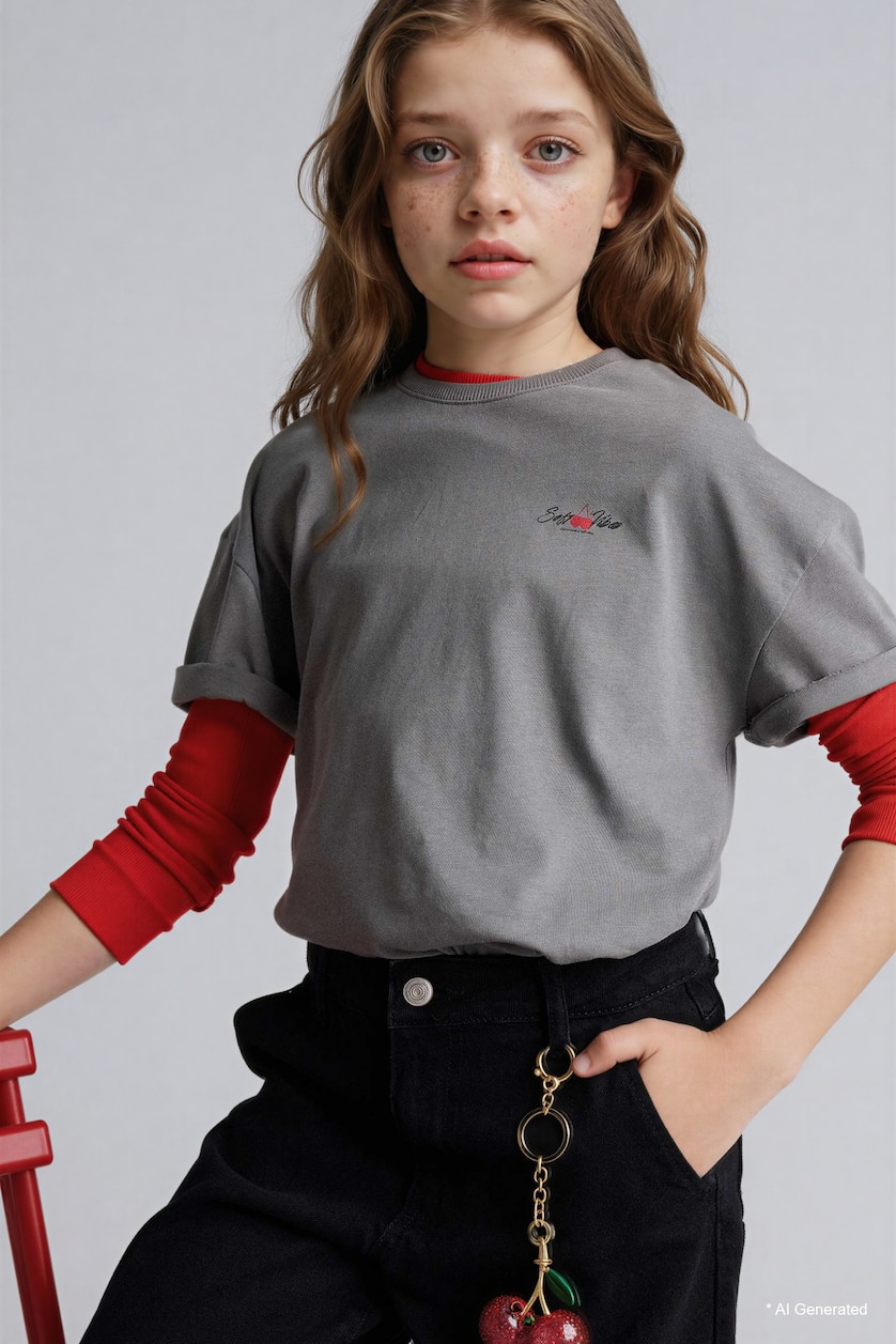 Young Girls - Teen Girls Grey Girl Regular Fit Short Sleeve T-Shirt