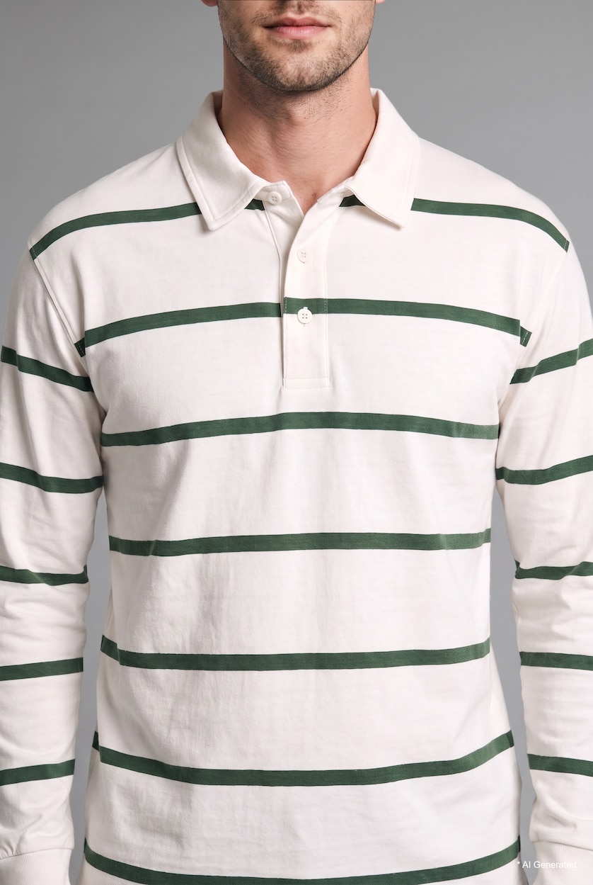 رجال أخضر Relaxed Fit 100% Cotton Striped Long Sleeve Polo Collar Sweatshirt