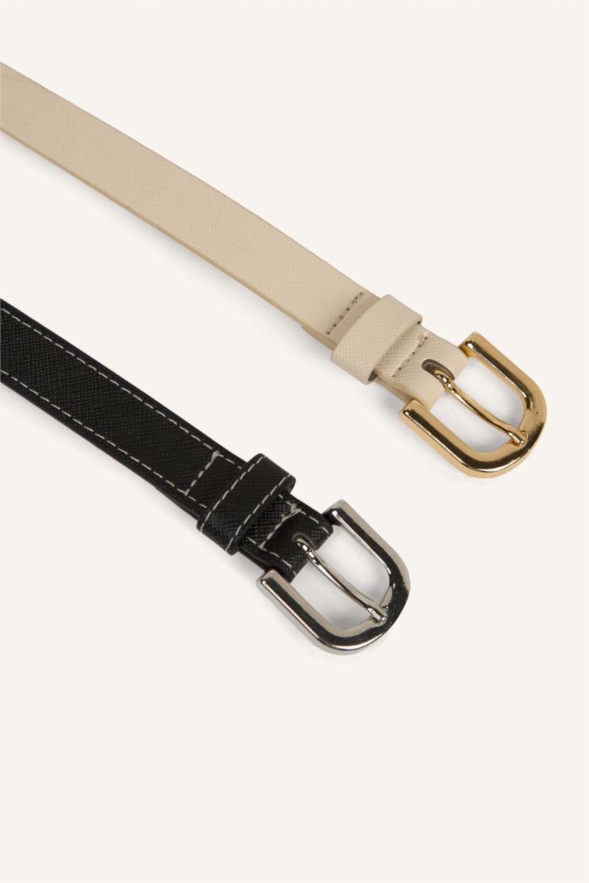 Kadın Siyah Kadın Dikdörtgen Toka 2'li Suni Deri Kemer