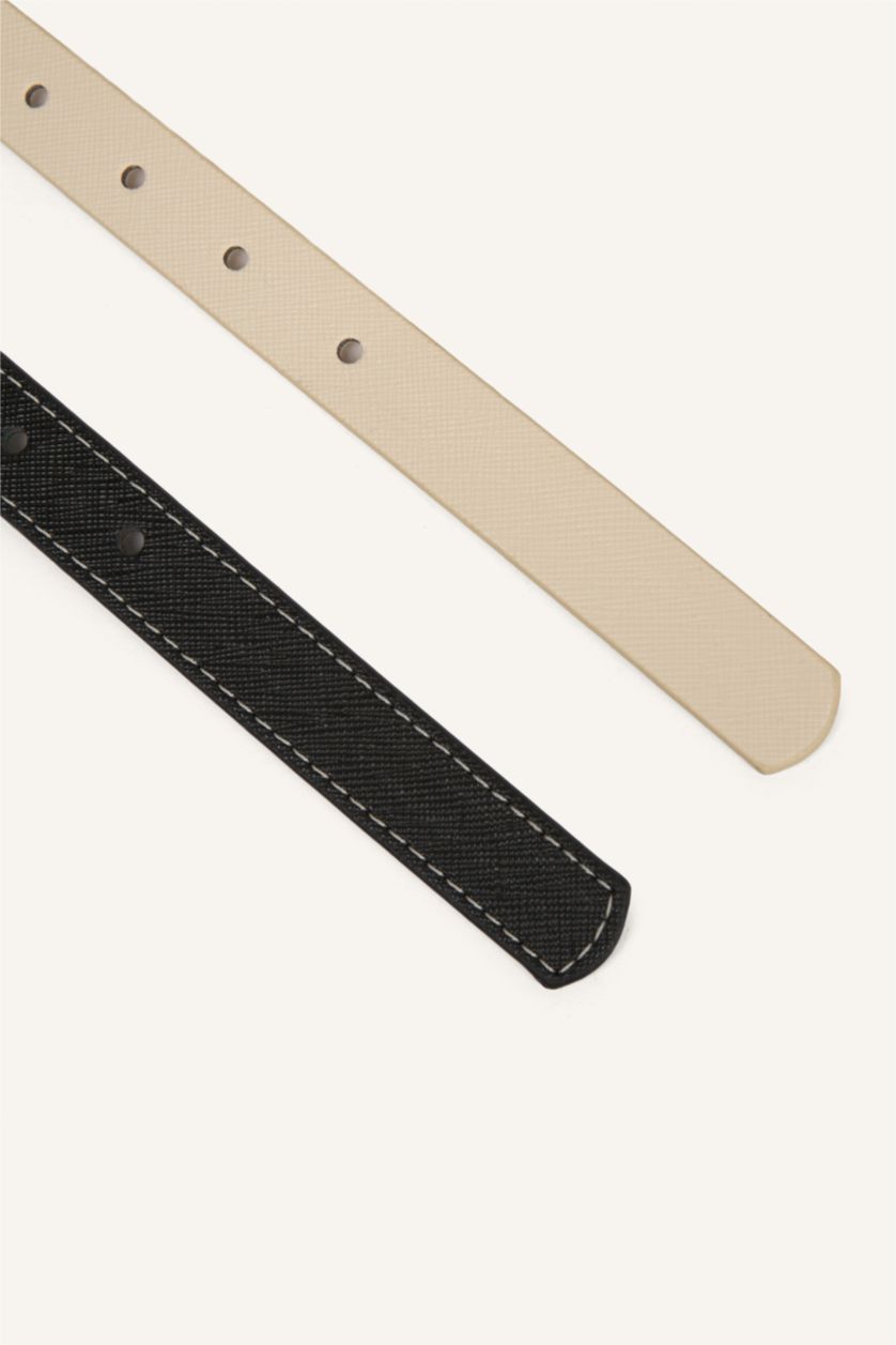 Kadın Siyah Kadın Dikdörtgen Toka 2'li Suni Deri Kemer