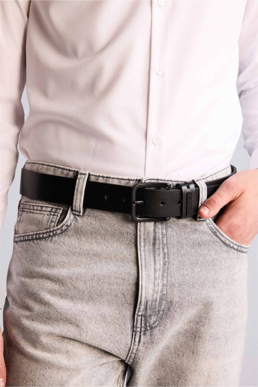 Erkek Siyah Erkek Dikdörtgen Toka Suni Deri Jean Kemeri