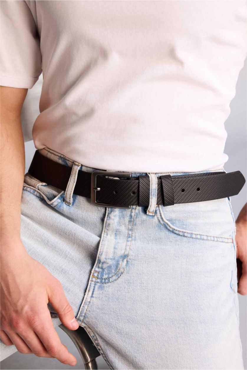 Erkek Siyah Erkek Dikdörtgen Toka Suni Deri Jean Kemeri