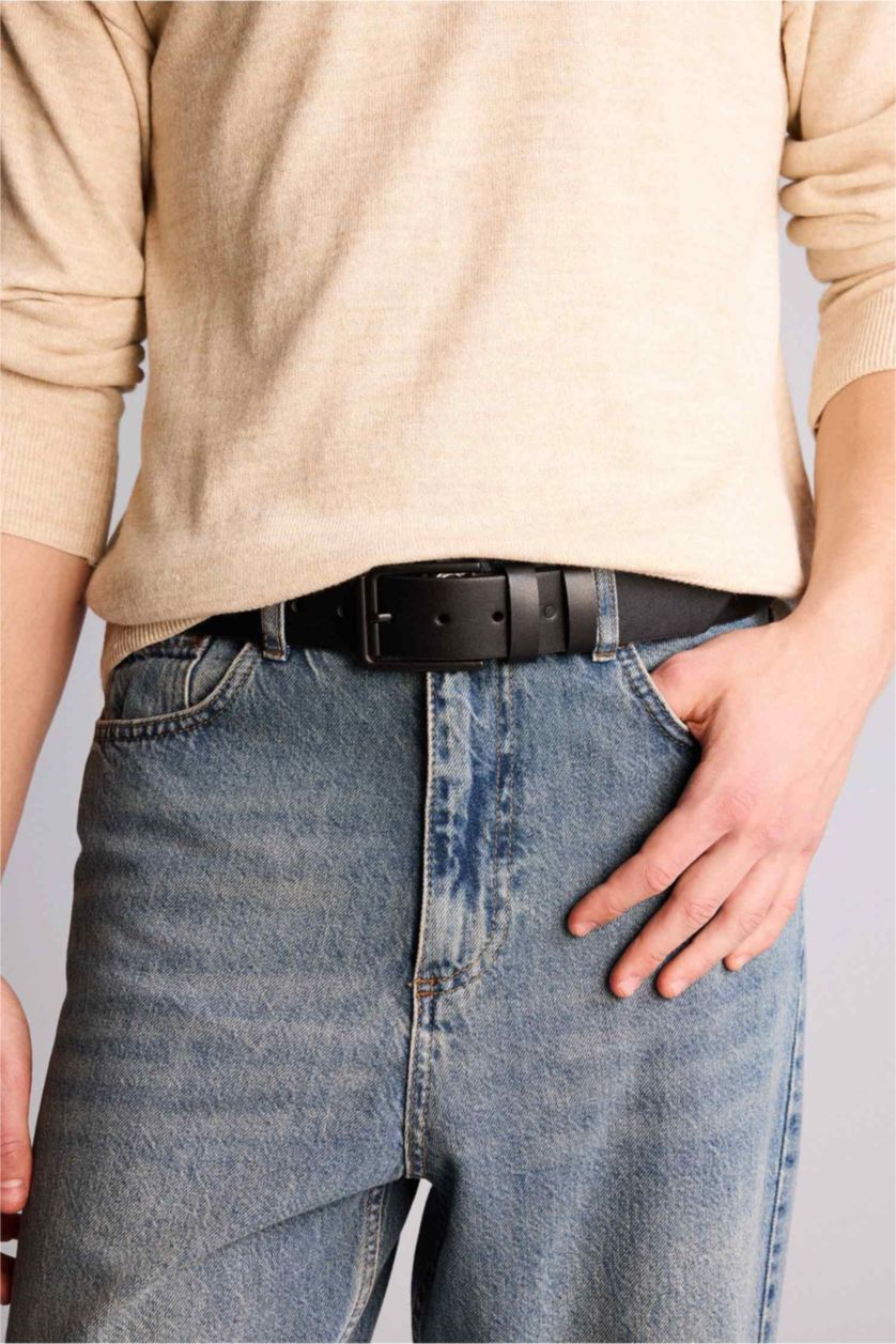 Erkek Siyah Erkek Dikdörtgen Toka Suni Deri Jean Kemeri