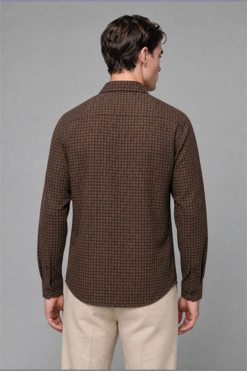 MAN Brown Regular Fit Linen Blended Long Sleeve Shirt