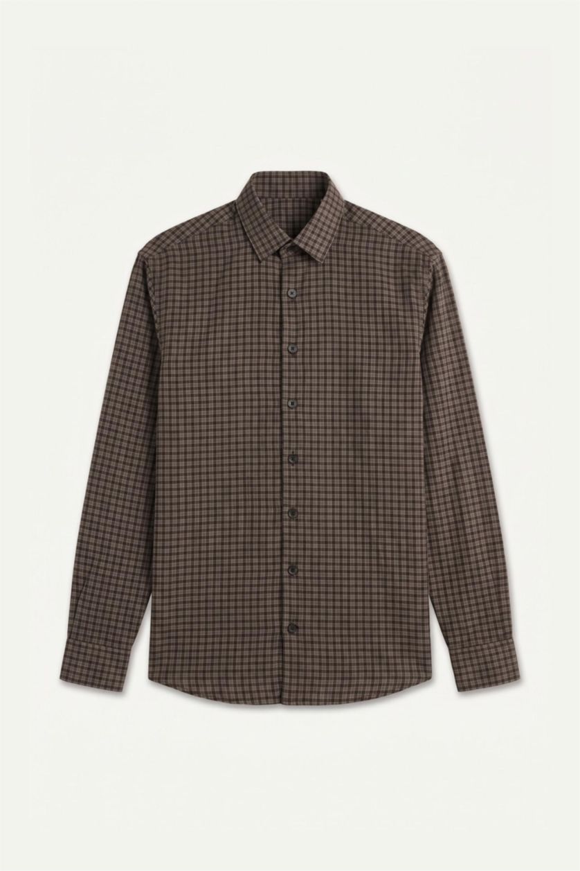 MAN Brown Regular Fit Linen Blended Long Sleeve Shirt