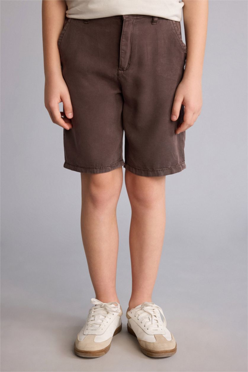 Erkek Çocuk - Genç Erkek Kahve Regular Fit Tencel Şort Erkek Çocuk