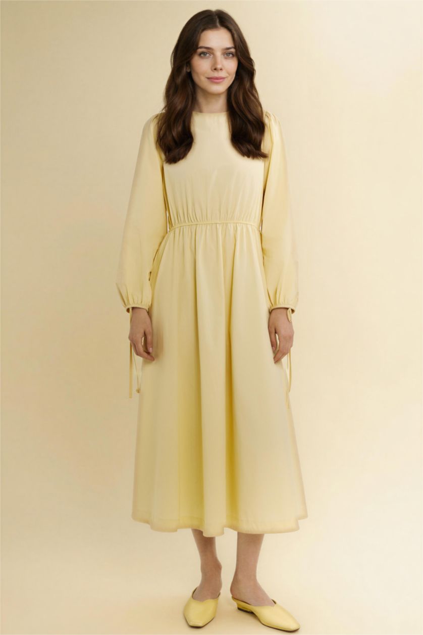 نساء أصفر فاتح فستان بوبلين ردن طويل بقصة A بياخة مستديرة