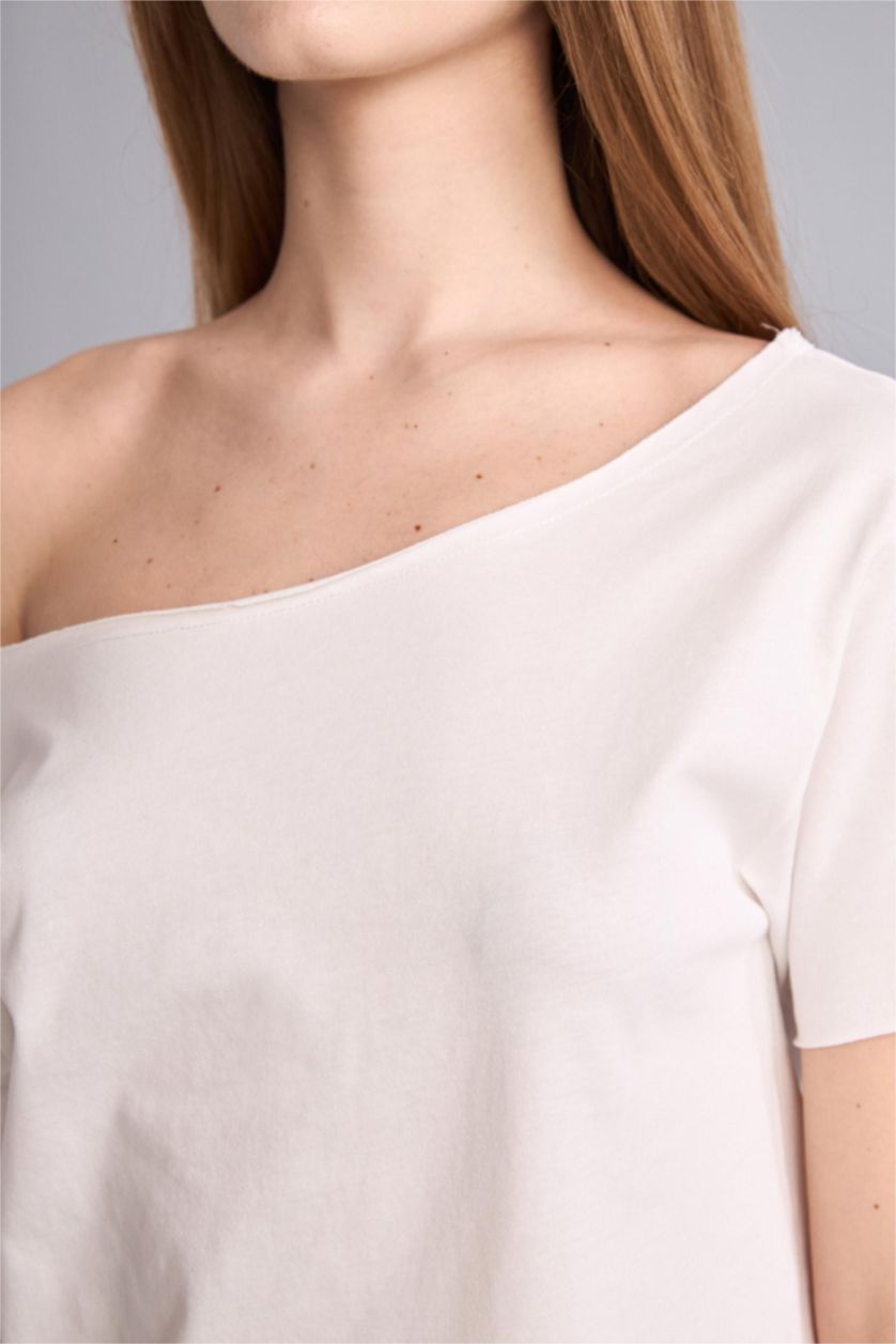 WOMAN White Loose Fit Boat Neck Cotton T-Shirt