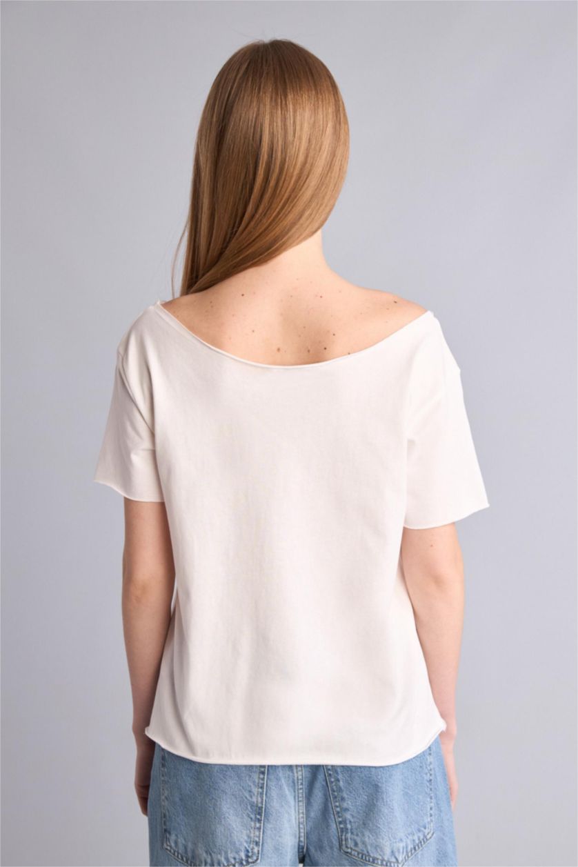 WOMAN White Loose Fit Boat Neck Cotton T-Shirt