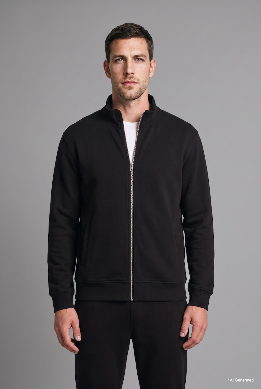 Men Black Regular Fit Cotton Zip-Up Pockets High Neck Cardigan