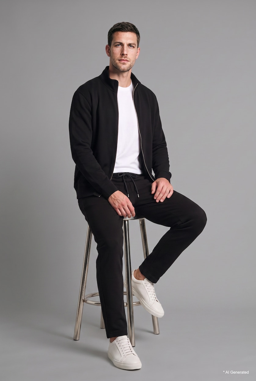 Men Black Regular Fit Cotton Zip-Up Pockets High Neck Cardigan