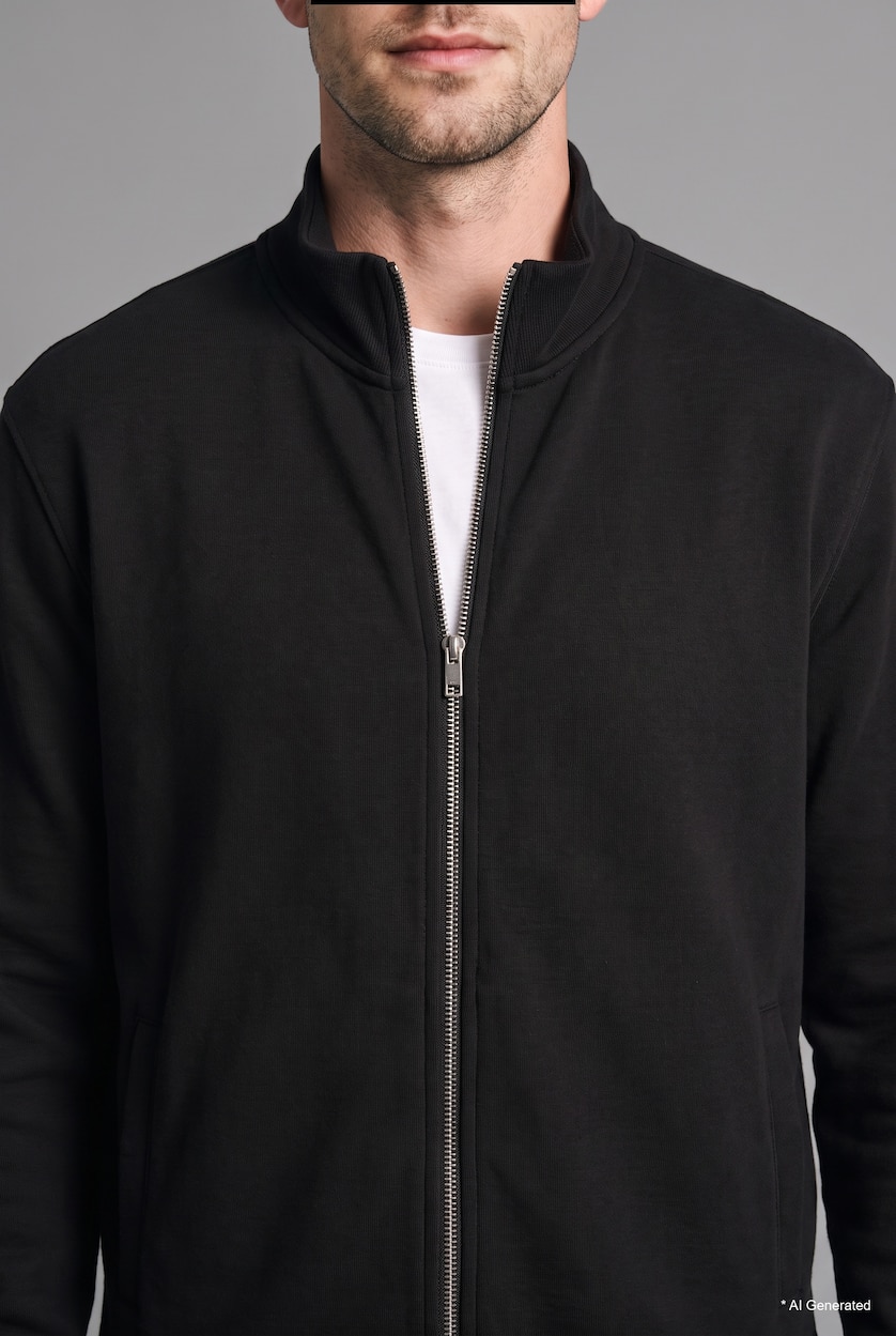 Men Black Regular Fit Cotton Zip-Up Pockets High Neck Cardigan