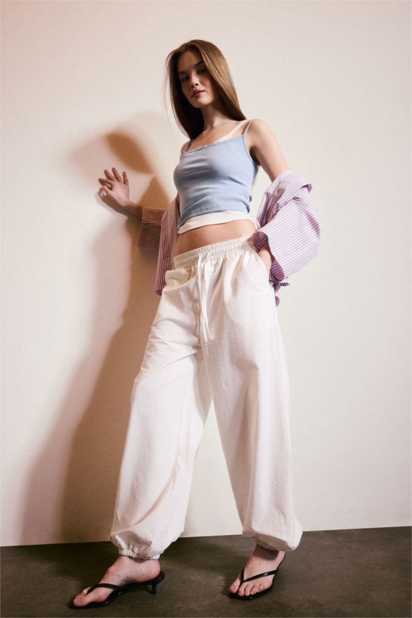 Kadın Kırık Beyaz Balloon Fit Yüksek bel Pamuklu Pantolon