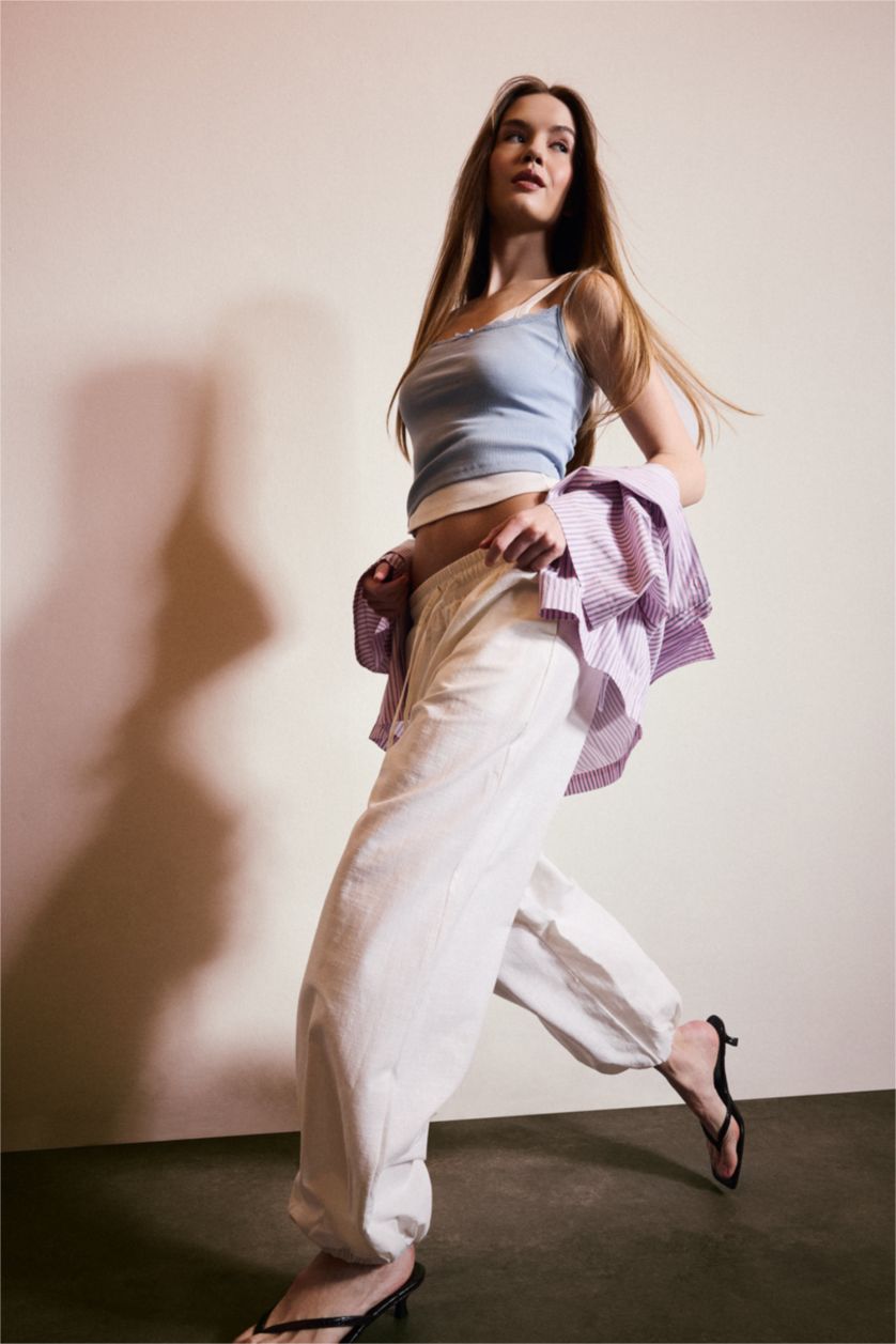 Kadın Kırık Beyaz Balloon Fit Yüksek bel Pamuklu Pantolon