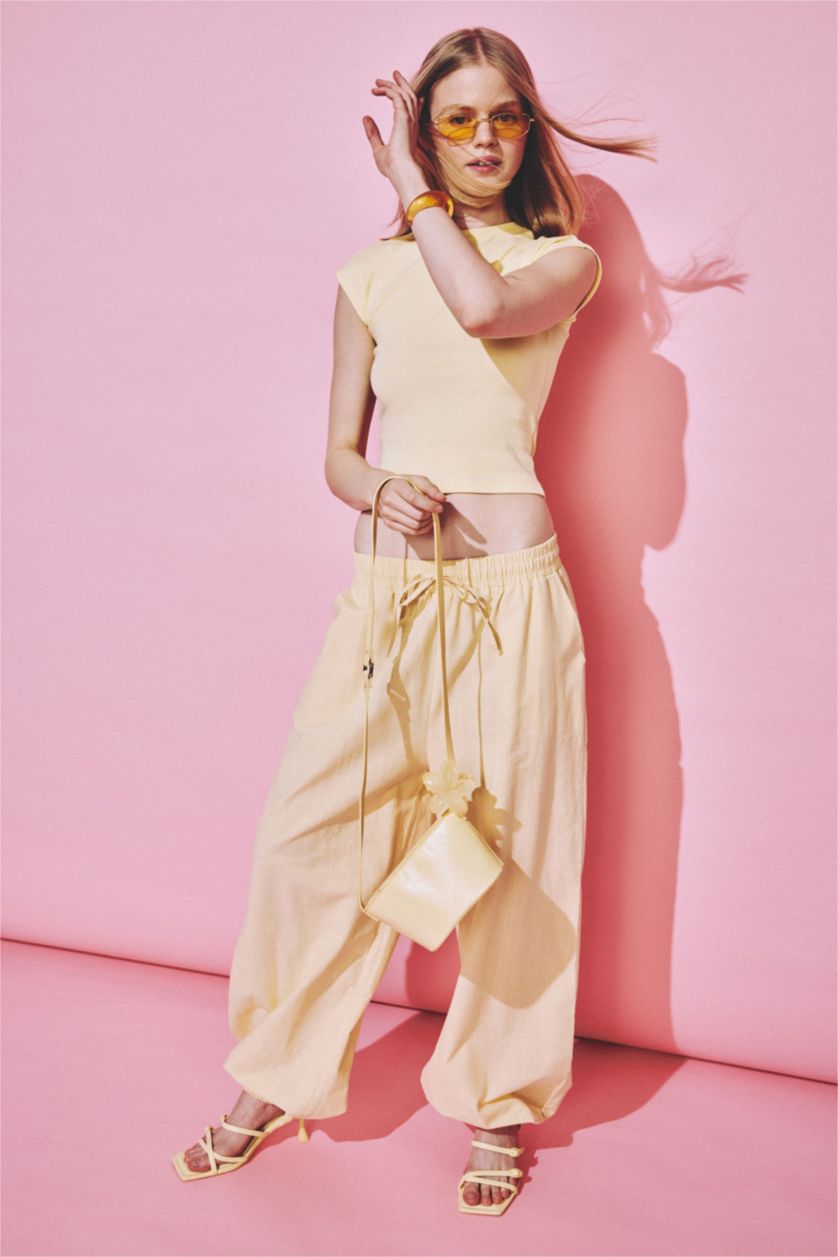 FEMME Jaune Pantalon à taille haute en coton avec poches Coupe ballon