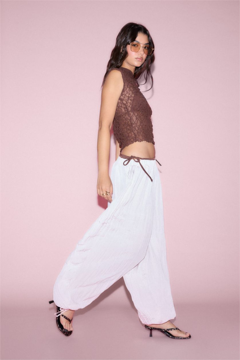 Woman Pink Balloon Fit Elastic Waist Drawstring Trousers