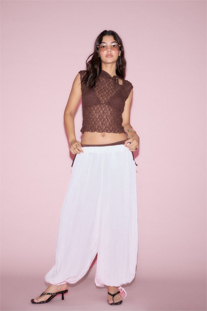 Woman Pink Balloon Fit Elastic Waist Drawstring Trousers