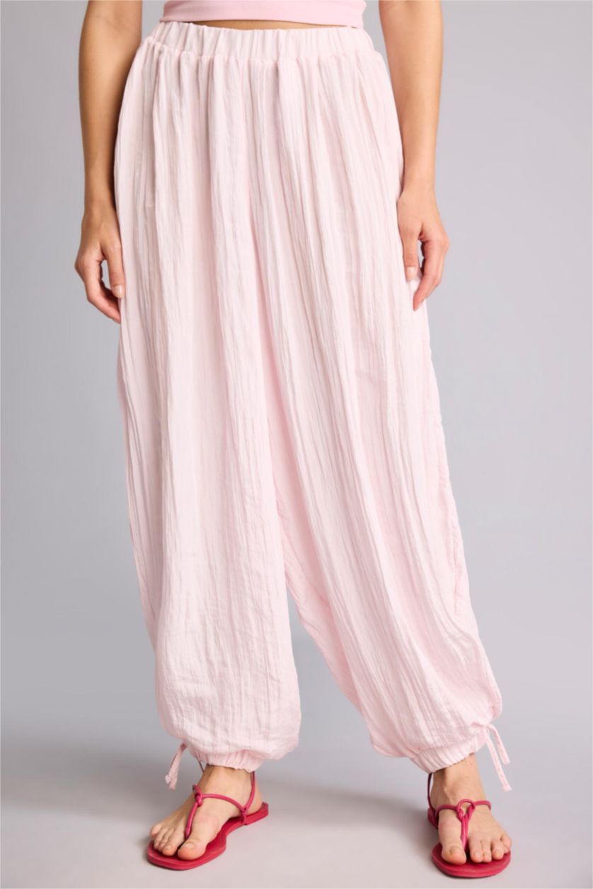 Woman Pink Balloon Fit Elastic Waist Drawstring Trousers