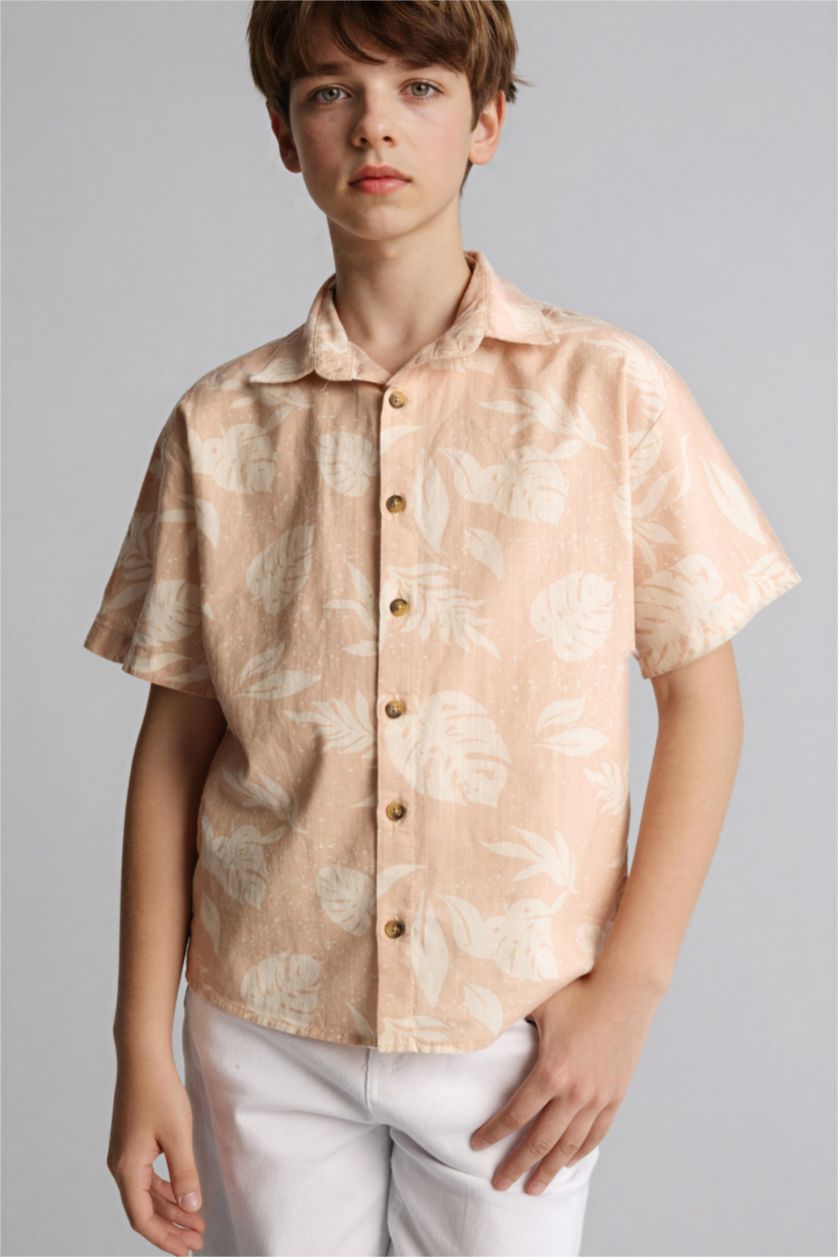 BOYS & TEENS Beige Regular Fit Tropical Patterned Short Sleeve Shirt