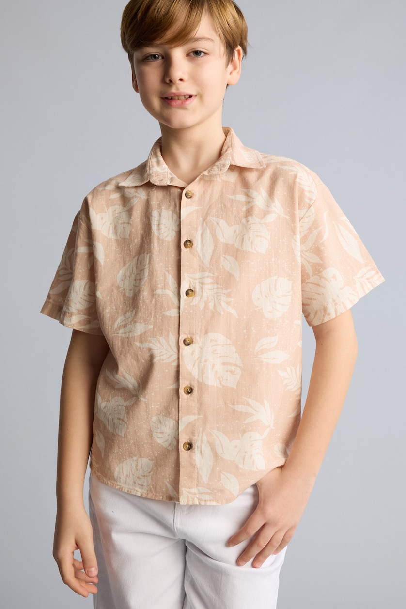 Young Boys - Teen Boys Beige Boy Regular Fit Tropical Patterned Short Sleeve Shirt