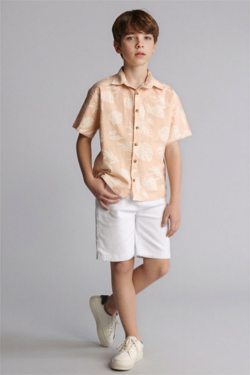 BOYS & TEENS Beige Regular Fit Tropical Patterned Short Sleeve Shirt