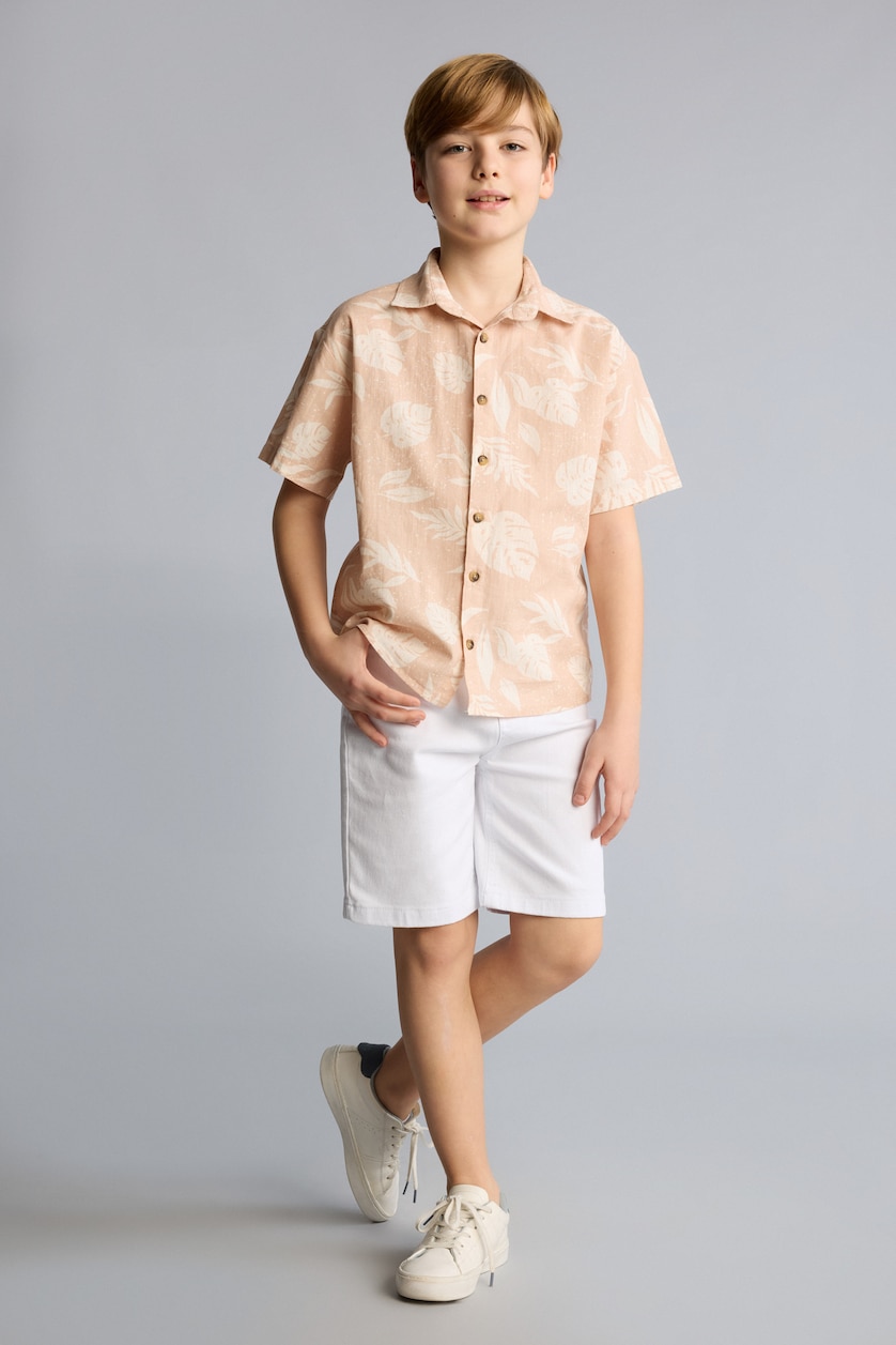 Young Boys - Teen Boys Beige Boy Regular Fit Tropical Patterned Short Sleeve Shirt