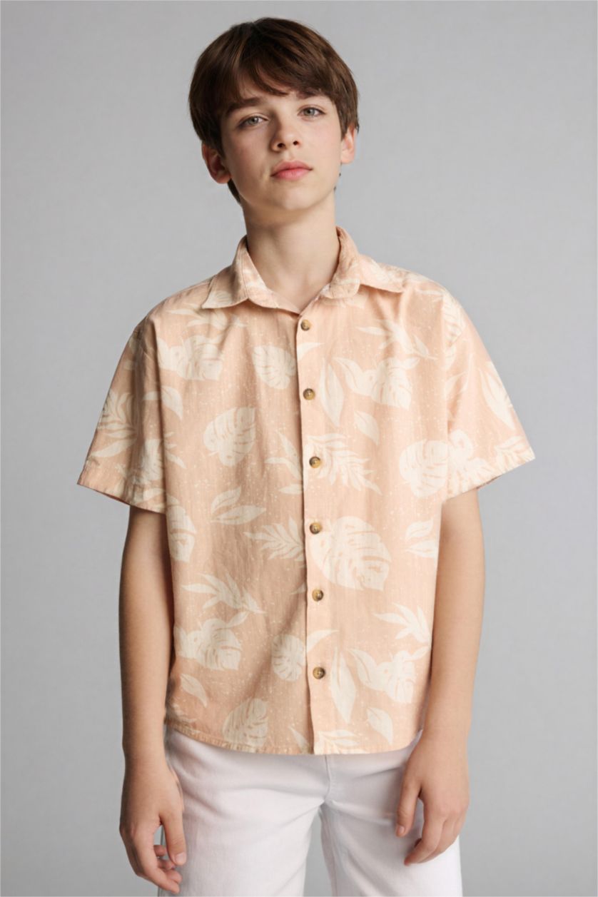 BOYS & TEENS Beige Regular Fit Tropical Patterned Short Sleeve Shirt