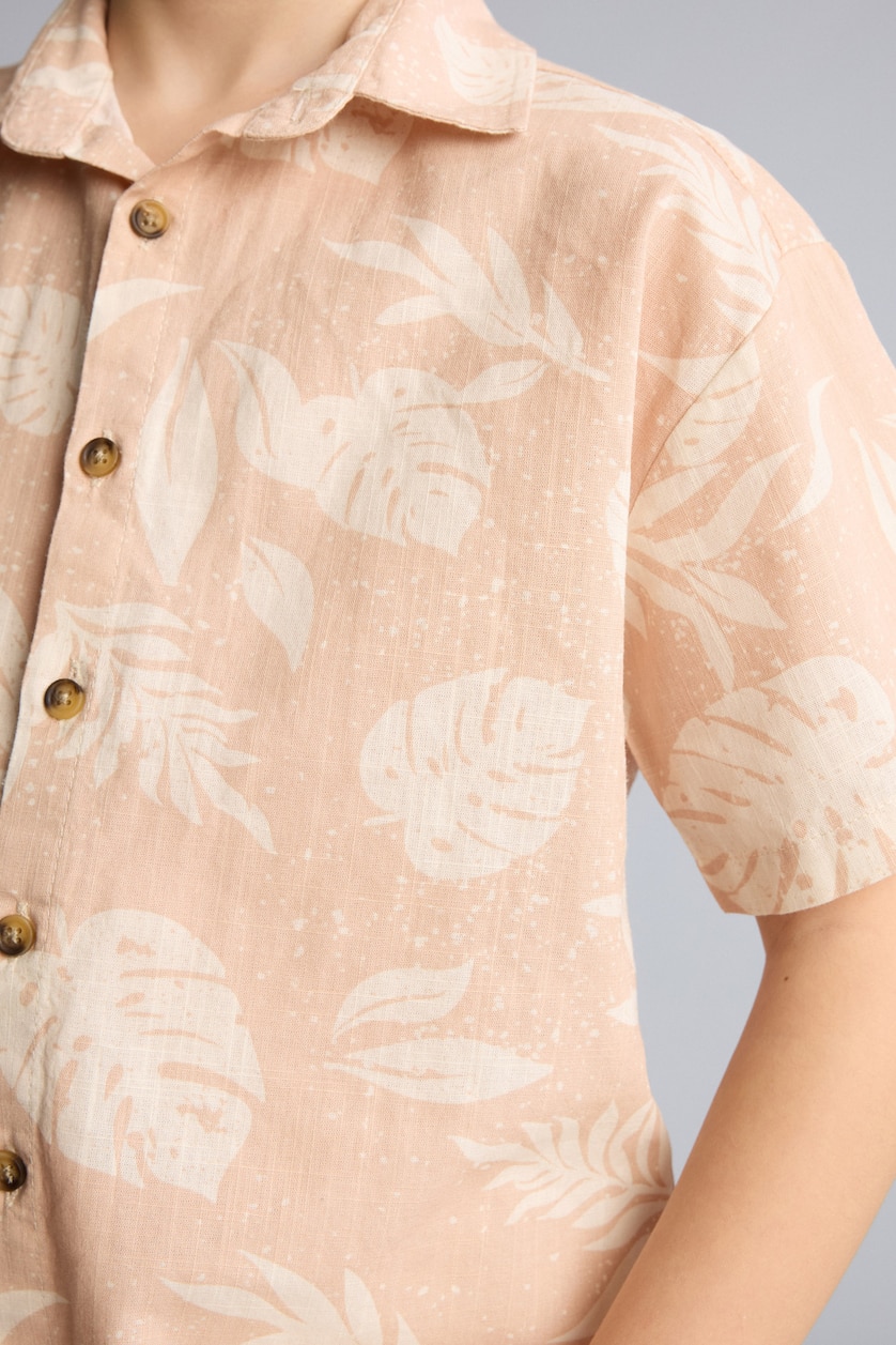Young Boys - Teen Boys Beige Boy Regular Fit Tropical Patterned Short Sleeve Shirt