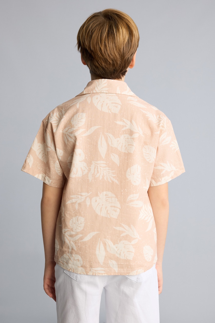 Young Boys - Teen Boys Beige Boy Regular Fit Tropical Patterned Short Sleeve Shirt