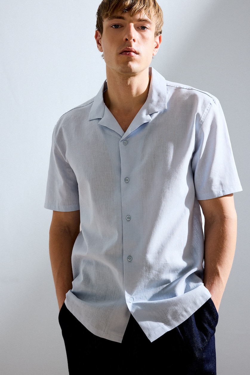MAN Light Blue Regular Fit Shirt Collar Linen Blended Short Sleeve Shirt