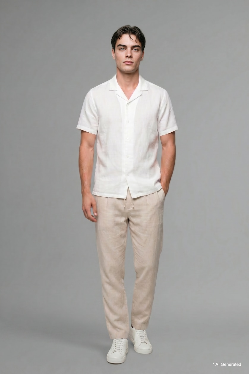 Men Ecru Regular Fit Shirt Collar Linen Blended Short Sleeve Shirt
