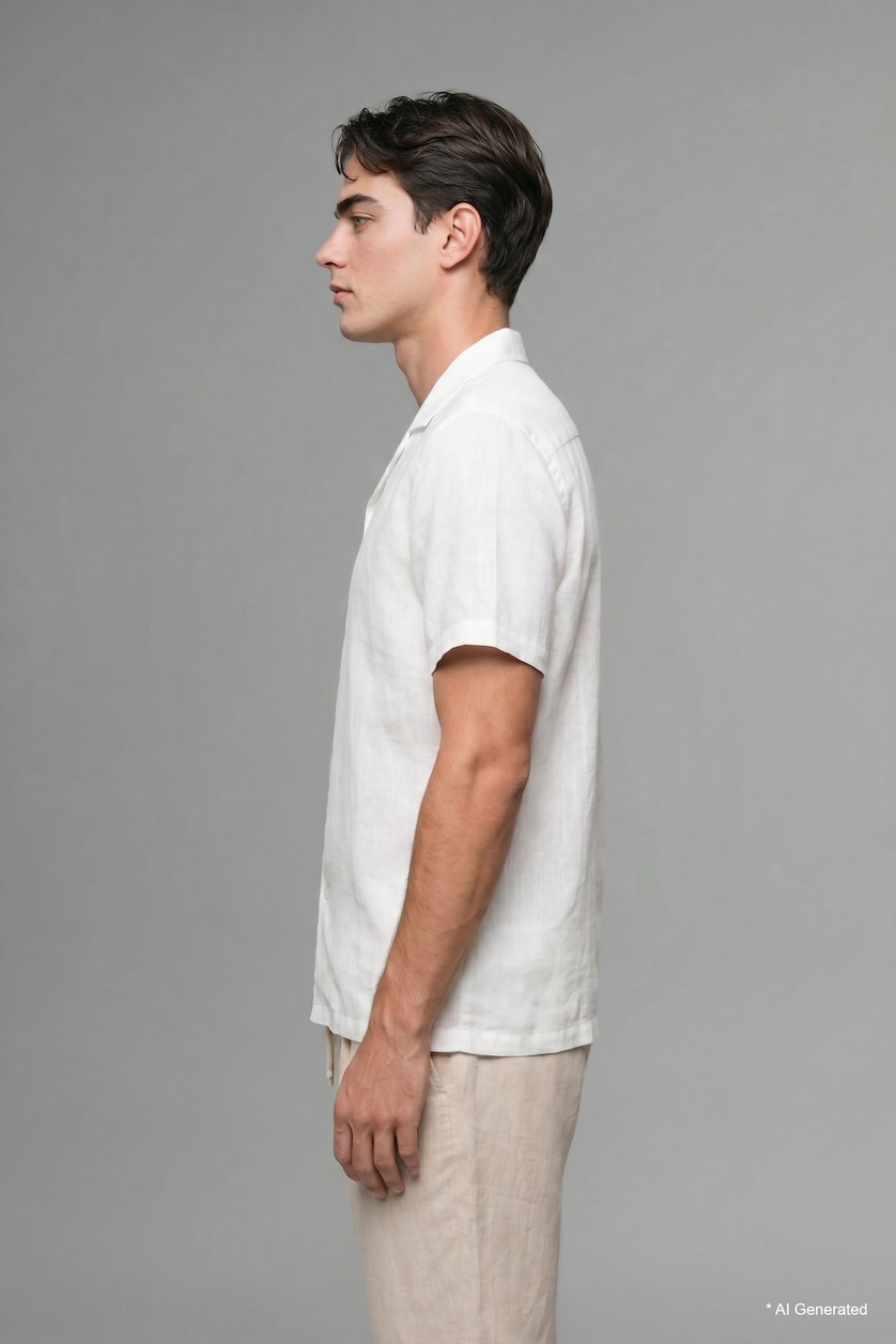 Men Ecru Regular Fit Shirt Collar Linen Blended Short Sleeve Shirt