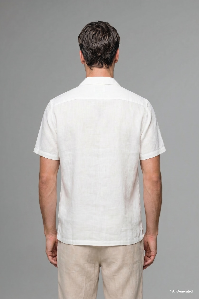 Men Ecru Regular Fit Shirt Collar Linen Blended Short Sleeve Shirt