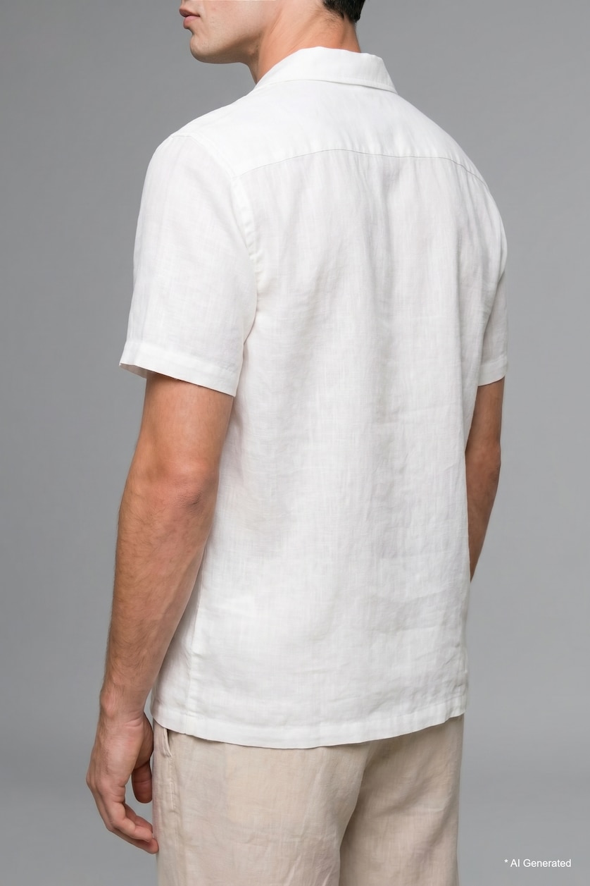 Men Ecru Regular Fit Shirt Collar Linen Blended Short Sleeve Shirt