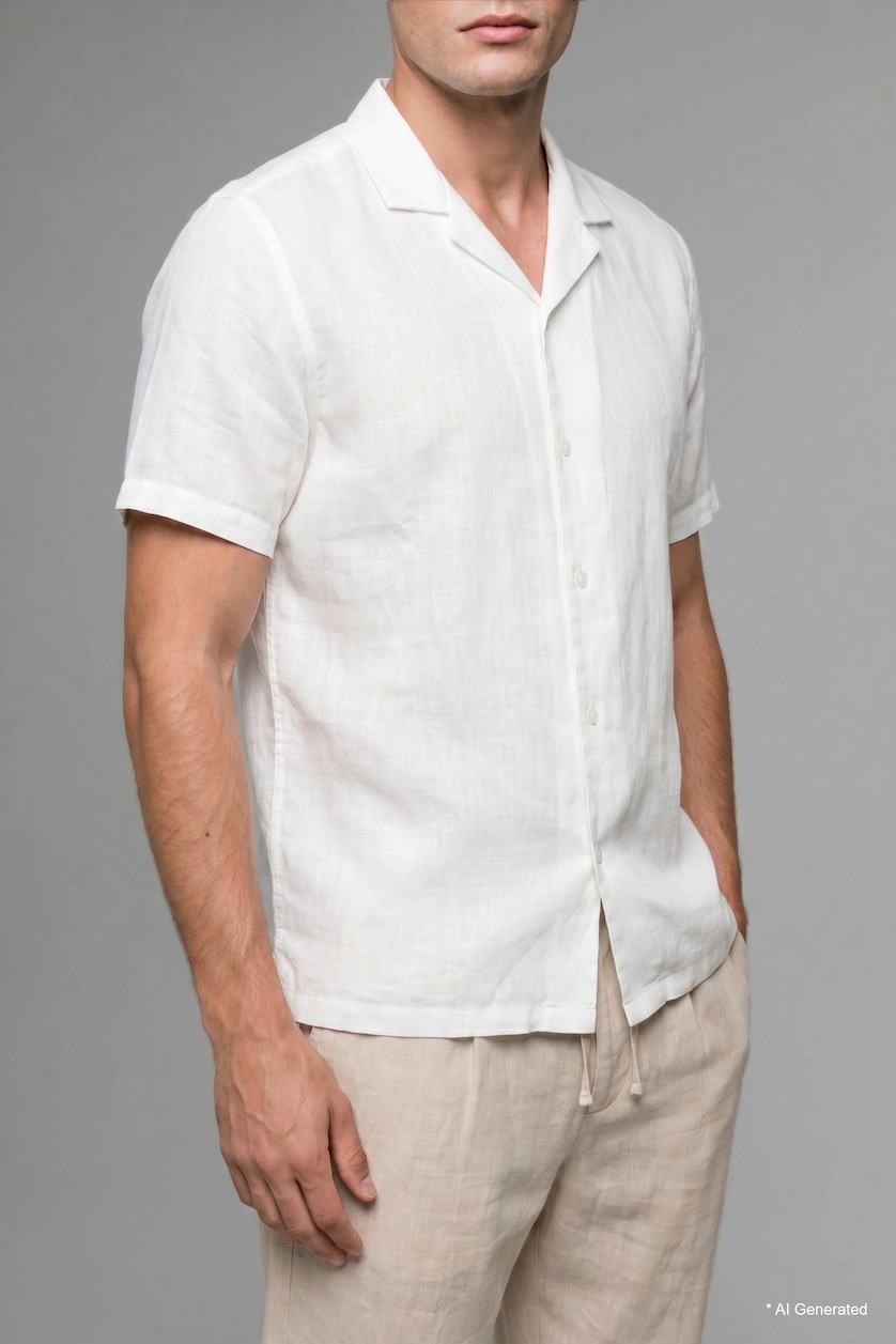 Men Ecru Regular Fit Shirt Collar Linen Blended Short Sleeve Shirt