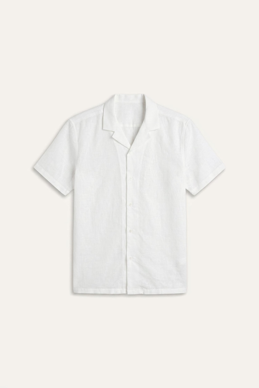 Men Ecru Regular Fit Shirt Collar Linen Blended Short Sleeve Shirt