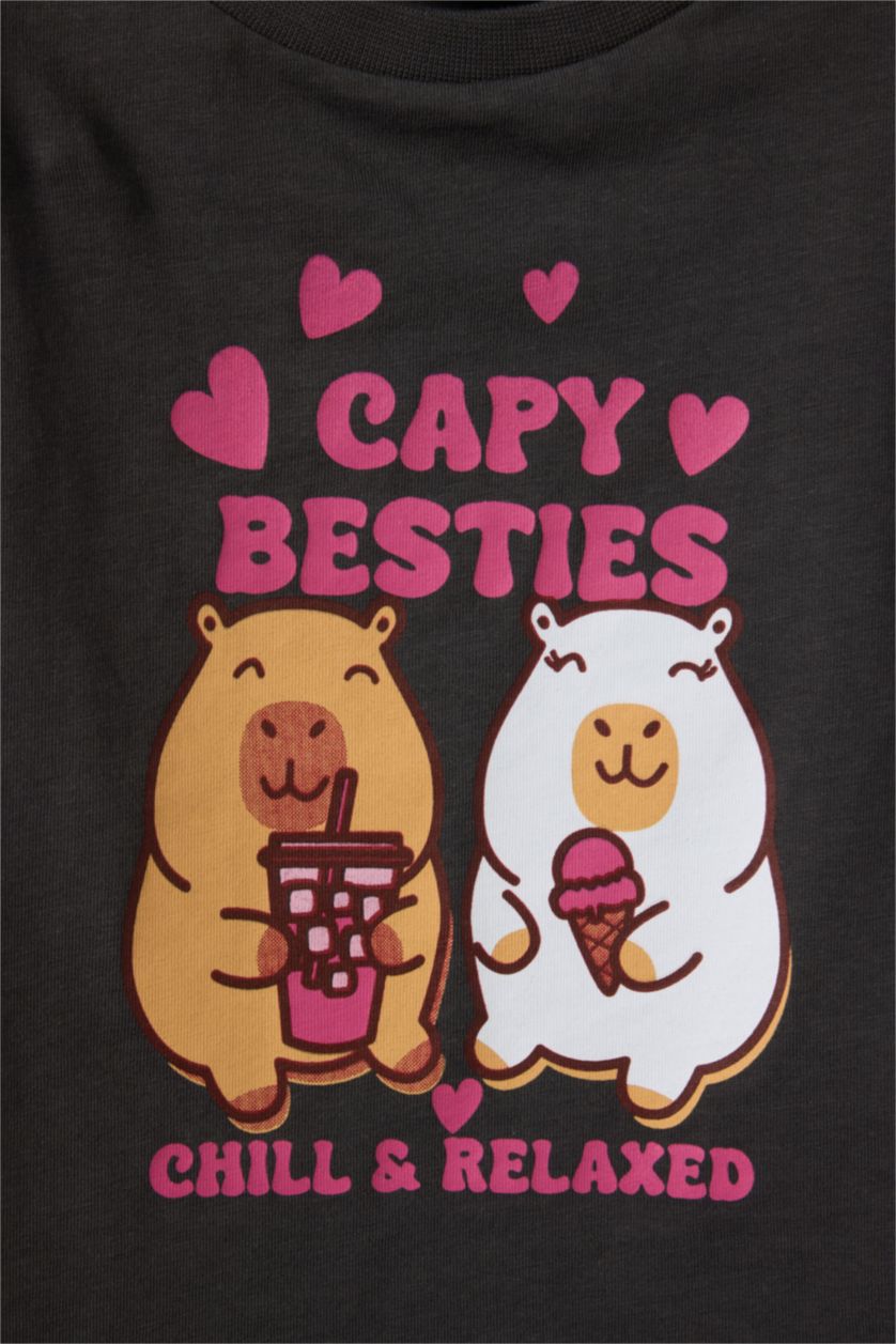 Kız Bebek Antrasit Kısa kollu Penye Kumaş Baskılı Tişört Kız Bebek