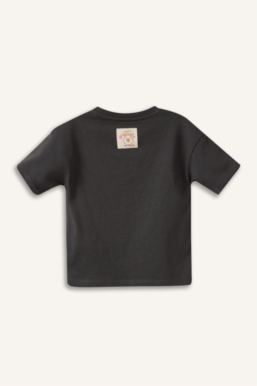 Kız Bebek Antrasit Kısa kollu Penye Kumaş Baskılı Tişört Kız Bebek