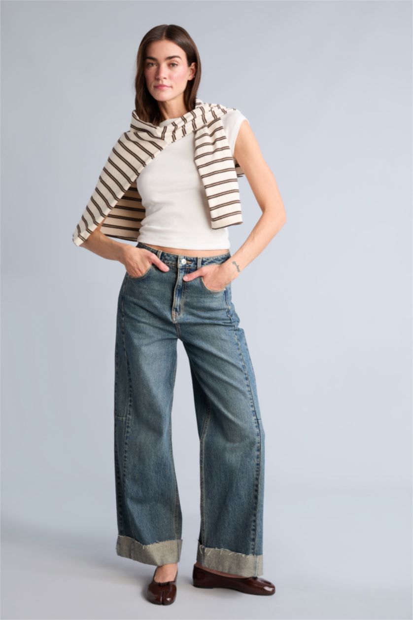 Kadın Ekru Slim Fit Kısa kollu Kaşkorse Tişört