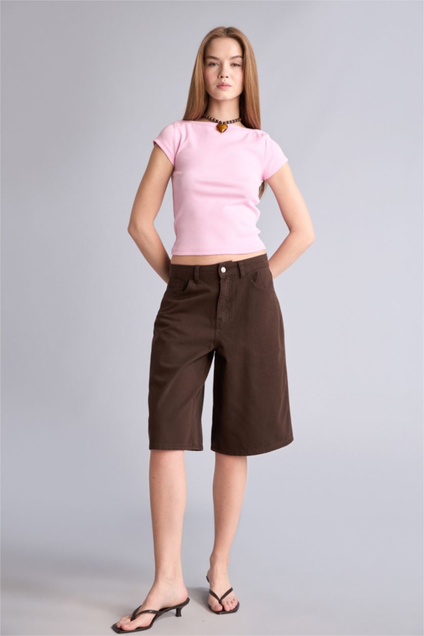 Kadın Açık Pembe Slim Fit Kısa kollu Kaşkorse Tişört