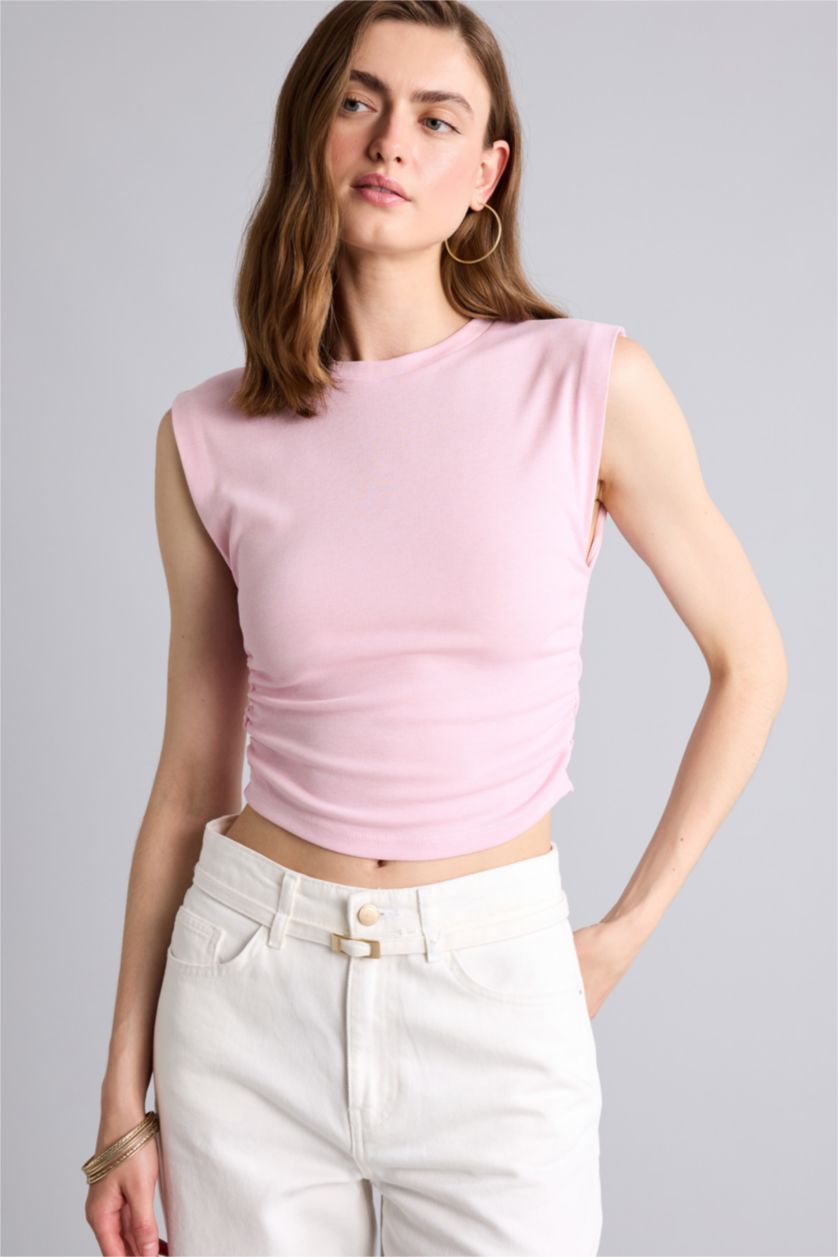WOMAN Light Pink تانك توب مضلع سليم فيت برقبة مستديرة