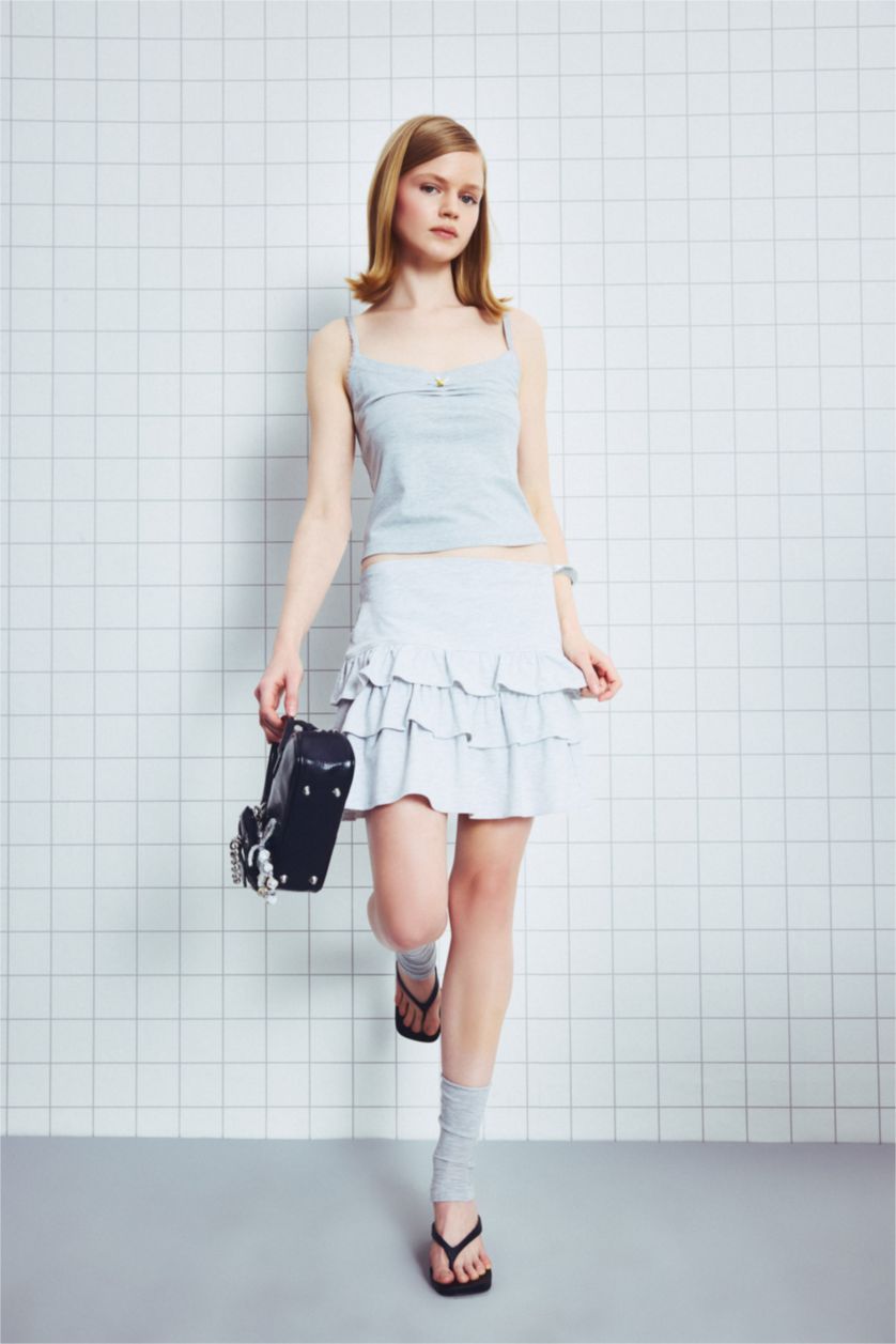 Kadın Gri Melanj Fıtted U Yaka Ribana Atlet