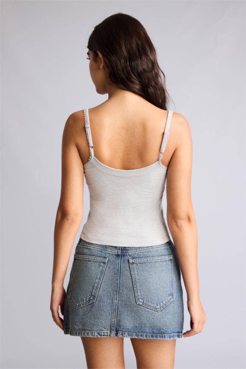 Woman Grey Melange Slim Fit Ribana U Collar Tank Top