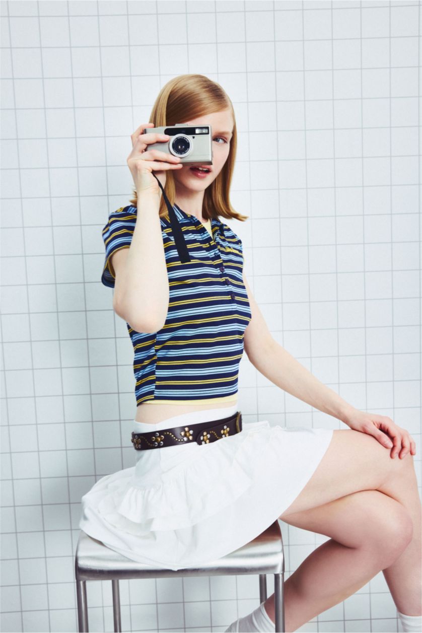 Kadın Açık Mavi Slım Fıt Polo Yaka Çizgili Penye Kısa Kollu Tişört