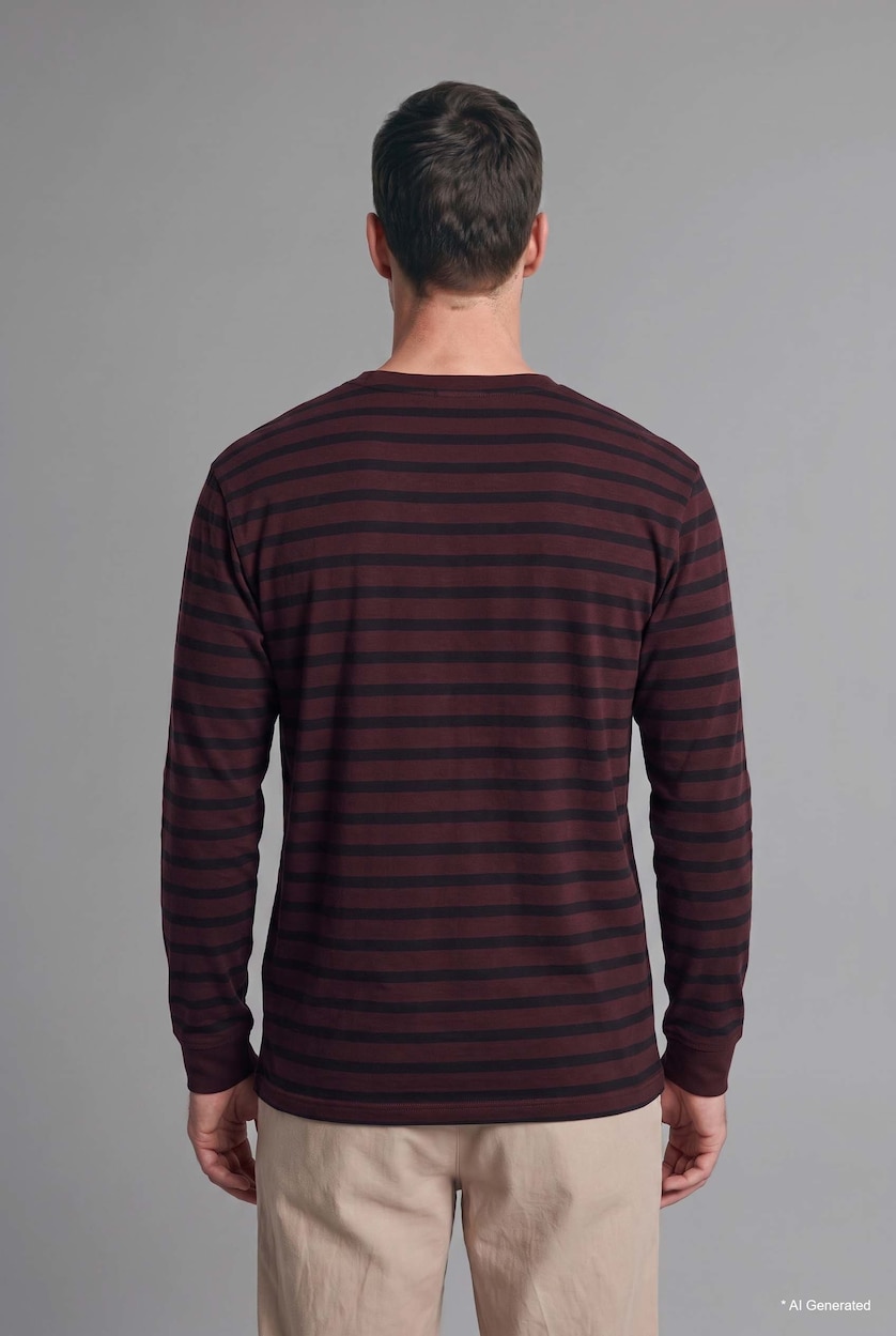 رجال بني Regular Fit 100% Cotton Striped Crew Neck Long Sleeve T-Shirt