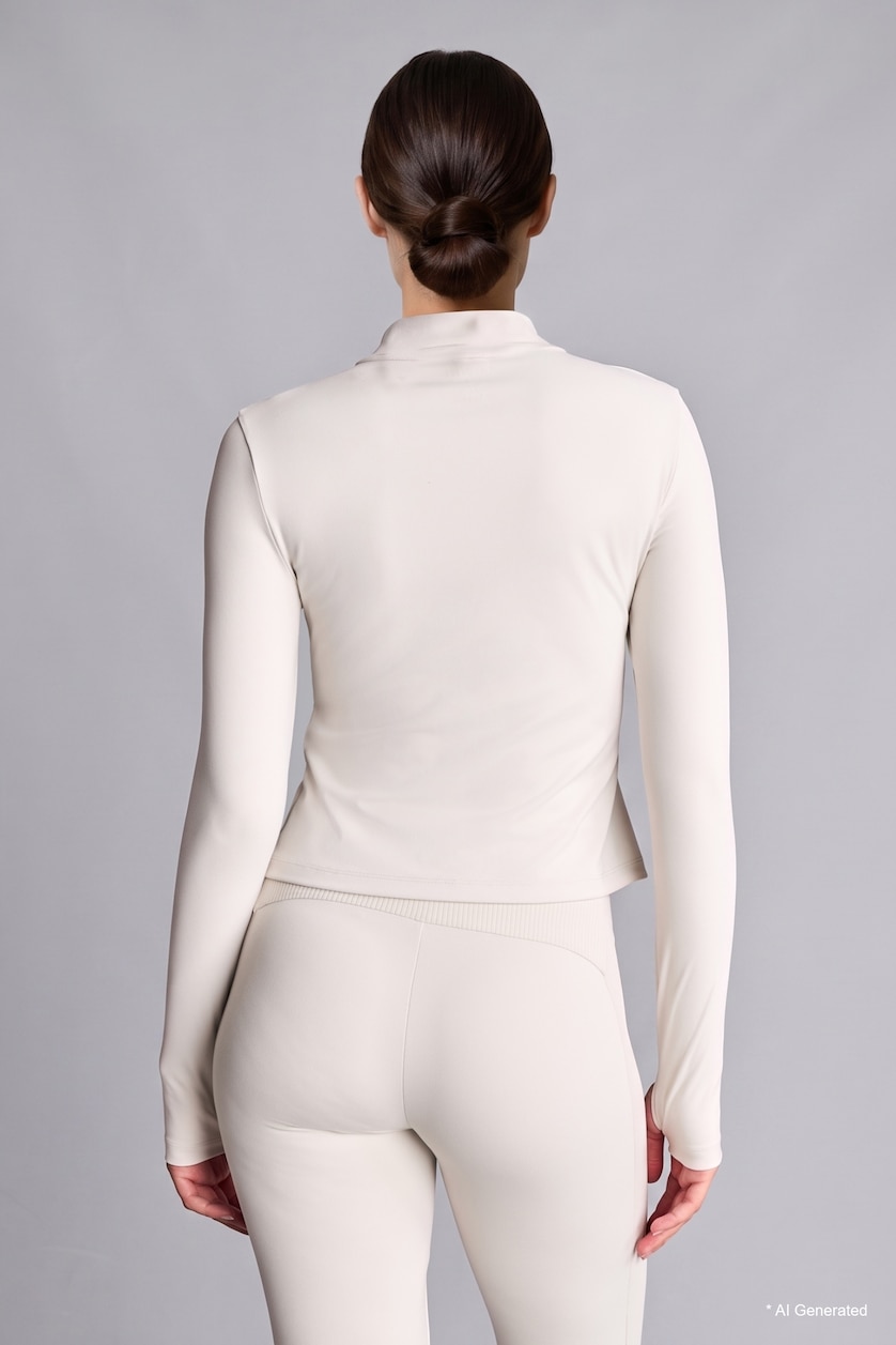 Women Stone Slim Fit Stretch Fabric Long Sleeve High Neck  Half-Zip Sports Top